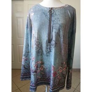 Flamingals Womens M Long Sleeve round neck floral print T-shirt with hoop zipper